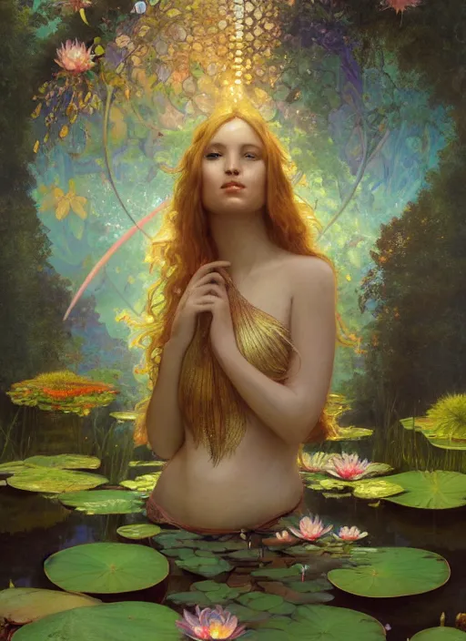 Image similar to portrait of a beautiful fairy, by a waterlily pond, coherent design, symmetrical, vivid color, complementary color, golden ratio, detailed, sharp lines, intricate, rainbowshift, by maxfield parrish, by peter mohrbacher, by karol bak, by alphonse mucha, deviantart, octane render