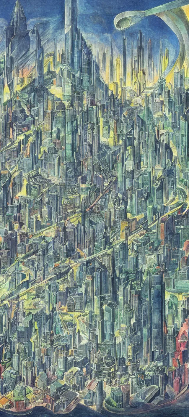 Prompt: a futuristic cityscape by william blake, colorful, wide greenways, half sky half city