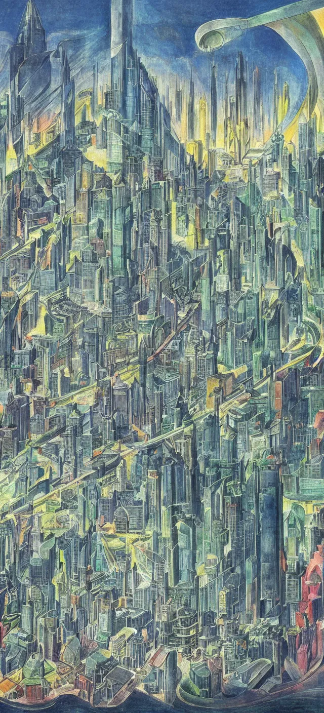 Image similar to a futuristic cityscape by william blake, colorful, wide greenways, half sky half city