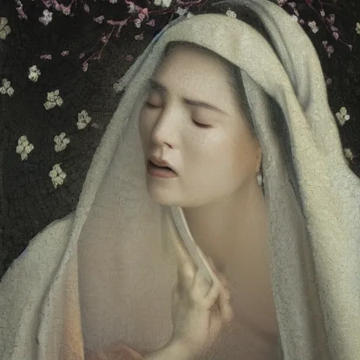 Image similar to a crying woman in a white gown kneeling at a beautiful shrine under a cherry blossom tree, rainy wet, ultradetailed, hd 8 k, agostino arrivabene, oil on canvas, detailed brushstrokes