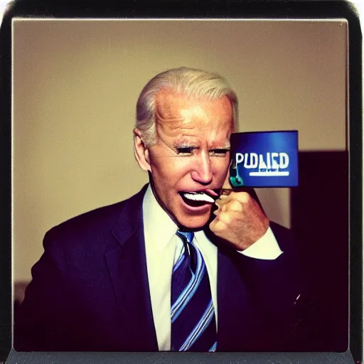 Image similar to polaroid of joe biden punching camera, enraged, angry, gritting teeth, spit flying, blurry, motion blur