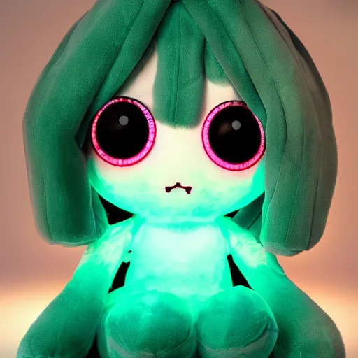 Image similar to cute fumo plush girl who has bioluminescent eyes, jelly glow, emissive bssrdf, pitch black, vray