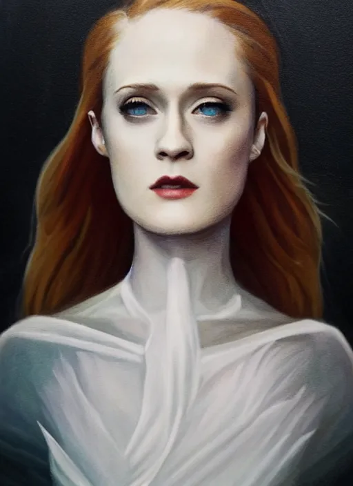 Image similar to goddess, Evan Rachel Wood, pale, holy, angelic, gorgeous, full body white dress, symmetrical face, sky, high fantasy, concept art, warm lighting, mood lighting, painting