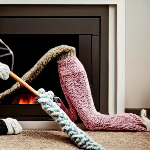 Prompt: A huntsman spider knitting knitting knitting a sock in front of a cozy fireplace