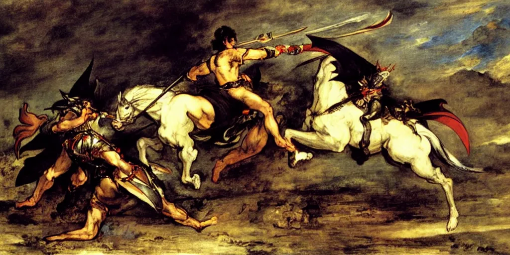 Image similar to knight fighting dragon, art by eugene delacroix