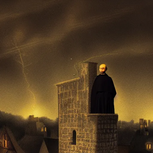 Prompt: Close-up of a terrified catholic priest in his thirties on the roof of a medieval tower watching in fear as an ominous yellow shadow descends upon him from the night sky. He is fervently praying but his eyes are wide open with fear. Low angle, dramatic lighting. Award-winning digital art, trending on ArtStation