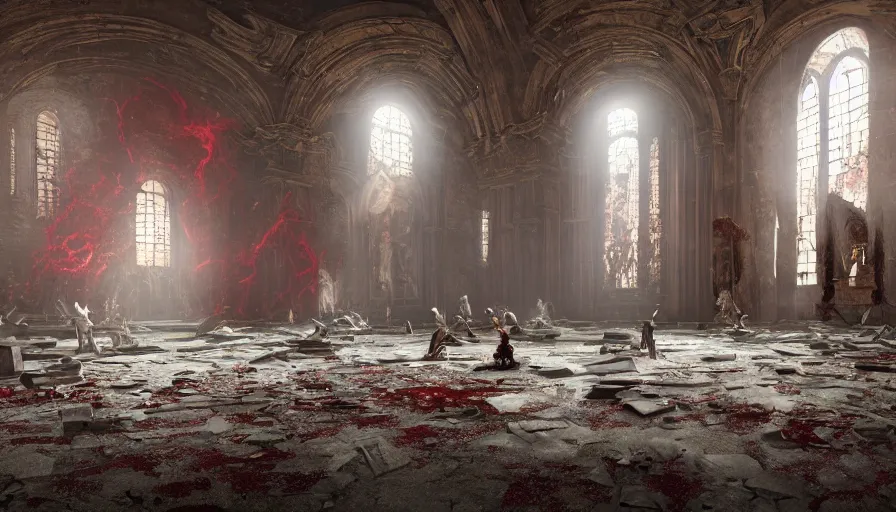 Image similar to demons battle lovecraftian monsters in an abandoned church in the vatican, 8 k, soft lighting, hdr, octane render, cinematic, red fluid on walls of the church, smoke, photorealistic, bokeh