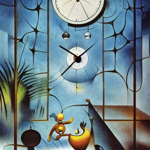 Prompt: futuristic abyssal 1 9 2 0's reservoir fractal warbler clock palm courtyard, by joan miro and monsu desiderio and anton pieck, movie poster, lowbrow, trending on cgsociety