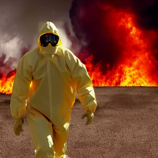 Prompt: A cinematic film still of a man in a hazmat suit running away from an explosion.