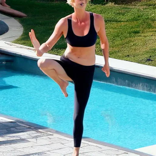 Image similar to Charlize Theron doing yoga near a swimming pool