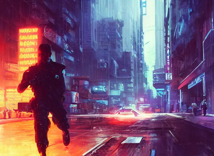 Image similar to ezra evades sgt griggs. cyberpunk hacker escaping menacing cops ( blade runner 2 0 4 9, dystopian, cyberpunk 2 0 7 7 character design ). epic painting by james gurney and laurie greasley, oil on canvas. cinematic, hyper realism, realistic proportions, anatomy, dramatic lighting, high detail 4 k