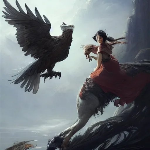 Image similar to asian woman holding an eagle on a horse chasing a wolf, greg rutkowski, fantasy, intricate, elegant, highly detailed, digital painting, artstation, concept art, long shot, cinematic lighting