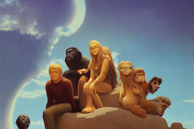 Image similar to beautiful painting of friends, beautiful faces, sitting on the edge, cute, soft light, digital painting by ralph mcquarrie and franklin booth