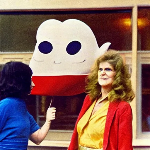 Image similar to 1976 color archival photo of a woman and a puppet that looks like Caspar the Friendly Ghost, in a sidewalk cafe, 16mm film soft color, earth tones and some primary colors 1976, archival footage, in style of doris wishman russ meyer, woman looks like gilda radner