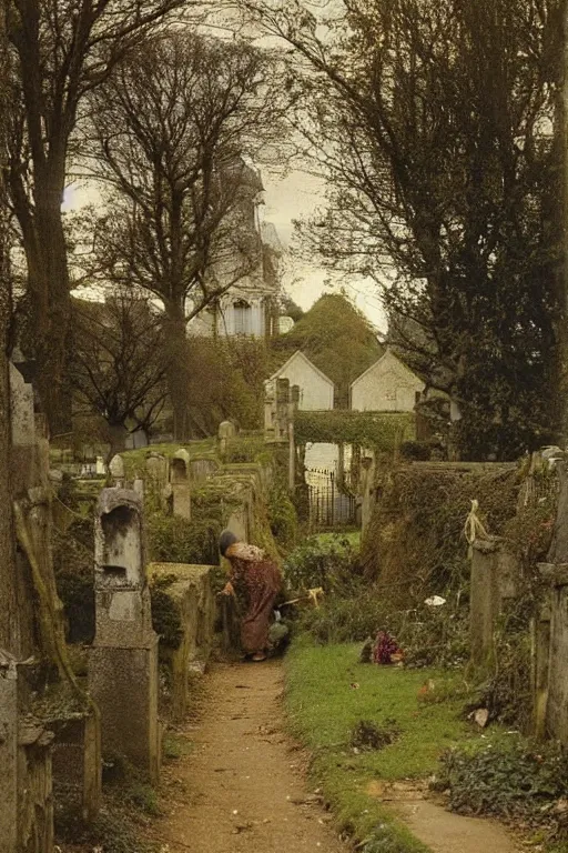 Prompt: english manchester cemetery, path towards church, dark, overgrown, weeds and ivy on the graves, an old twisted tree, a tall stone wall, lawrence alma-tadema