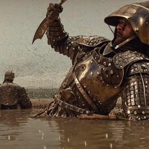 Prompt: a film still of a medieval warrior with bronze armor that has carvings of squids and cuttlefish, they’re standing in mud with puddles, surrounded by dry ice, smoke, highly detailed, wide shot, full body, underwater