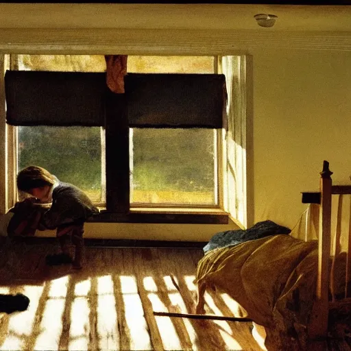 Prompt: upstairs bedroom, light streaming in from window illuminating child's toy, Andrew Wyeth