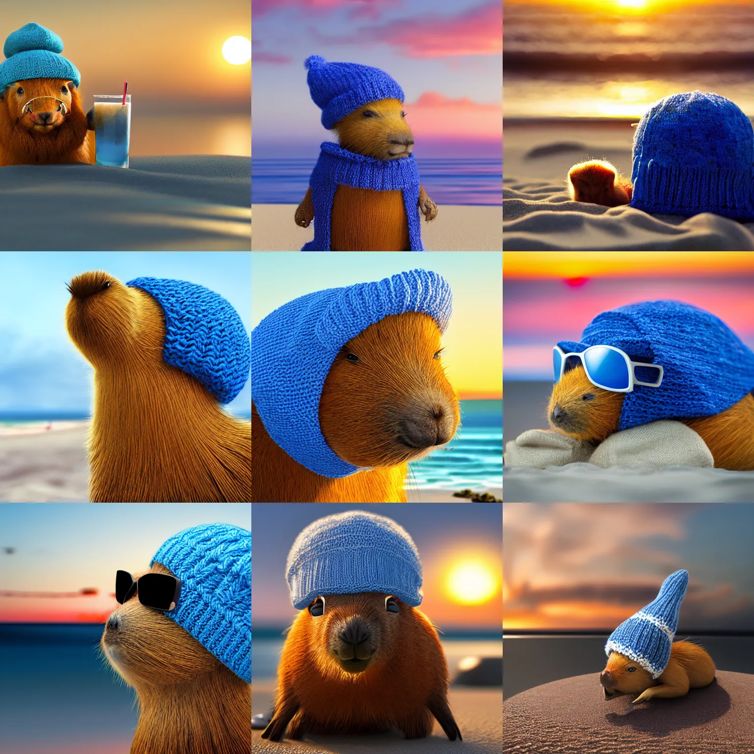 Prompt: a photorealistic photograph of a knitted cute Capybara dressed in sunglasses and a blue beanie cap. The subject is sipping out of a refreshing Mai Tai drink at the beach during sunset. The image is Trending on Artstation, featured on Behance, well-rendered, fine detail, extra crisp image, Unreal Engine, 4K HD