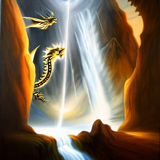 Image similar to oil painting of a dragon flying in the air near a cave with a waterfall in the center, light emanating from the waterfall leading to a big pool of water, dragon has black and white siberian tiger stripes, elegant, sharp focus, wide shot, clear, detailed, early renaissance