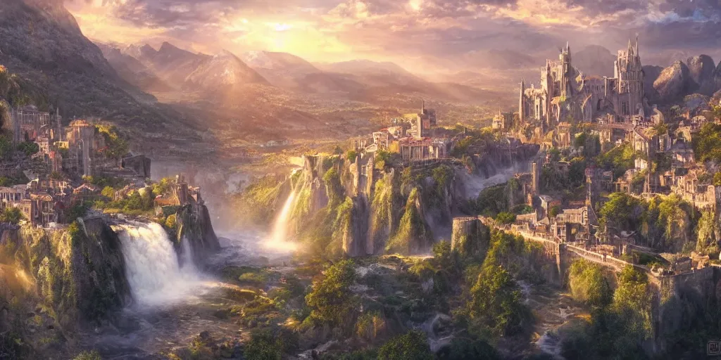 Image similar to beautiful waterfall between lush mountains in the sunset casting rays of light into medieval city below, highly detailed, baroque, brutalist architecture, sharp focus, artgerm, cgsociety, desaturated