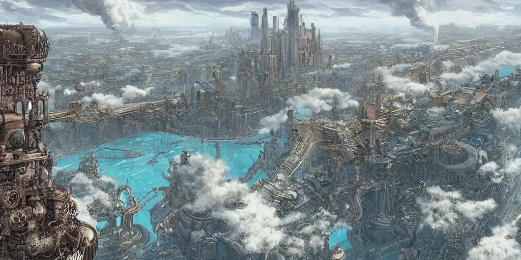 Image similar to illustration, concept illustration, steam punk, a single giant ancient linear city on a single bridge, giant continent bridge city build over the ocean in a straight line, fading into the distance