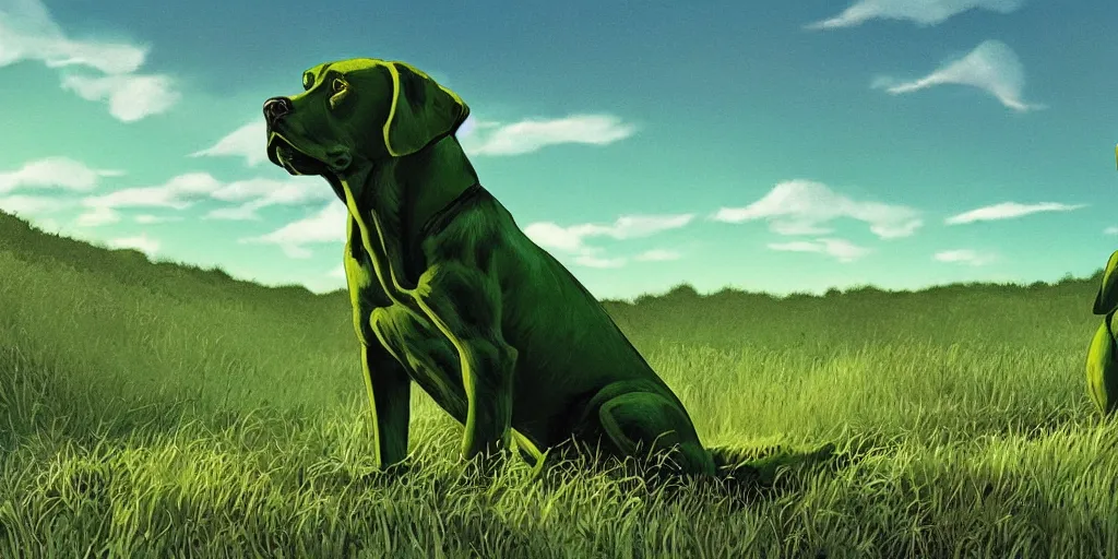 Prompt: hyperrealist, graphic novel illustration of a proud and mighty and muscular green alien labrador retriever with shaggy green fur with green dye sitting on a grassy hill, pulp 7 0's sci - fi vibes, 9 0's hannah barbara fantasy animation, cinematic, movie still, studio ghibli masterpiece