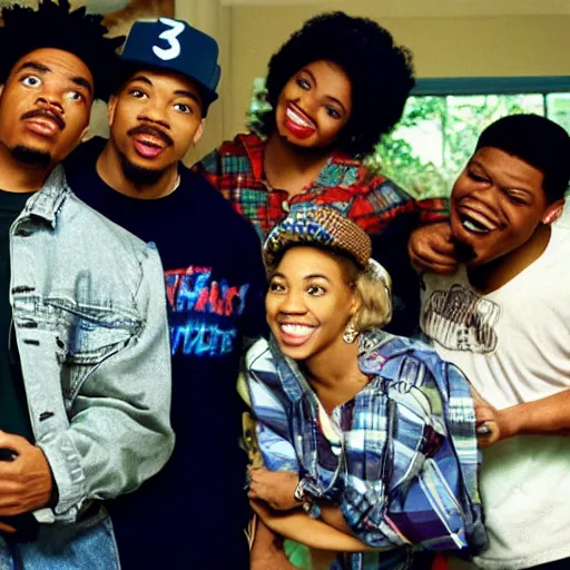 Image similar to a tv still of Chance The Rapper starring as a college student in a 1993 black sitcom