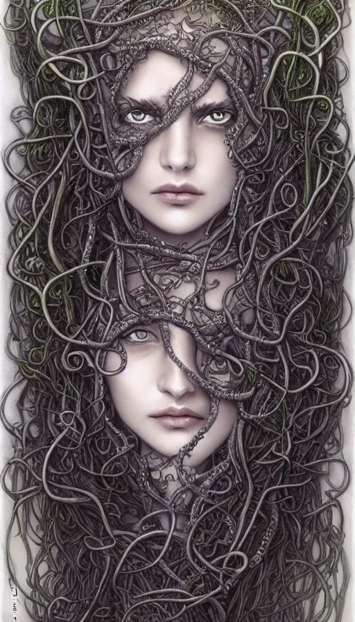 Image similar to very detailed portrait of a 2 0 years old girl surrounded by tentacles, the youg woman visage is blooming from fractal and vines, by luis royo,