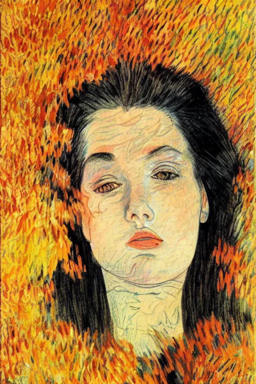 Image similar to young woman's face surrounded by Autumn leaves, long black hair, pale skin, symmetrical face, photorealism, 4k, dramatic lightning, by Toulouse-Lautrec,