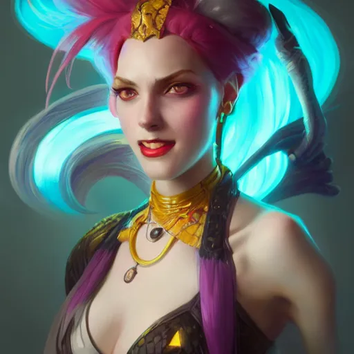 Image similar to Portrait of Jinx from League of legends ,highly detailed, digital painting, artstation, concept art, sharp focus, illustration, art by greg rutkowski and alphonse mucha