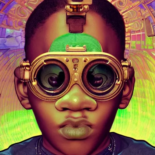 Image similar to colourful vfx upper half - portrait - art of a nigerian boy wearing steam punk goggles, art by utagawa kunisada, james jean & alphonse mucha, symmetrical, intricate detail, concept art, volumetric light, ray tracing, caricature, digital illustration, octane 3 d render, unreal engine, sharp, pinterest, behance, art station,