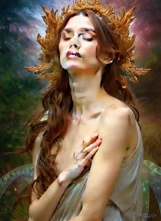 Image similar to fairy queen goddess feminine face meditation!! murky lighting, wind blowing, full body portrait, blessed by nature, physical mental perfection, symmetrical! intricate, sensual, highly detailed, biblical divine holy perfection!! digital painting, artstation, concept art, smooth, sharp focus, by artgerm and greg rutkowski and alphonse mucha