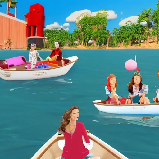 Image similar to the collage depicts a group of well - dressed women and children enjoying a leisurely boat ride on a calm day. the women are chatting and laughing while the children play with a toy boat in the foreground. storybook by patrick brown rendered in unrealengine