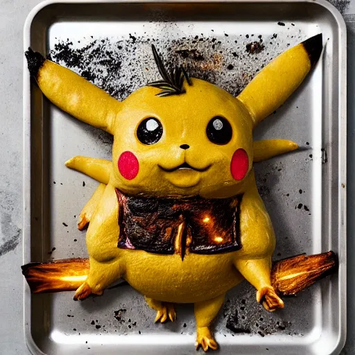 Image similar to roasted spatch pikachu in a baking tray with rosemary and thyme, cooking oil, steam, charred, ready to eat, electric sparks