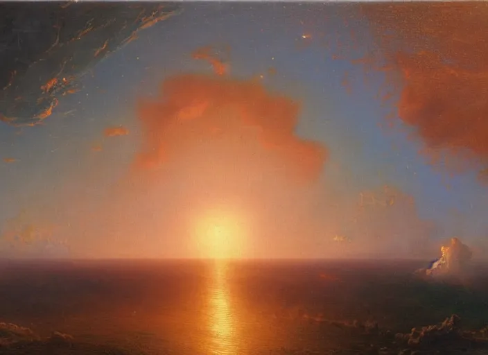 Image similar to the impact of the planet gaia on the earth, right before the moon forms, seas of fire everywhere. in the style of hudson river school of art, oil on canvas