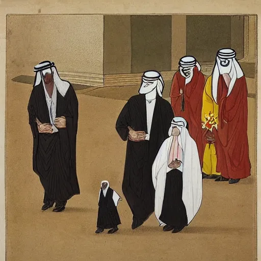 Prompt: Walk in a funeral procession, not in a marriage, arab, caricature