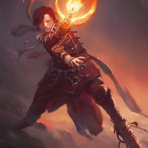 Prompt: beautiful painting of a very short and small male halfing bard from pathfinder, casting fireball, painted by greg rutkowski
