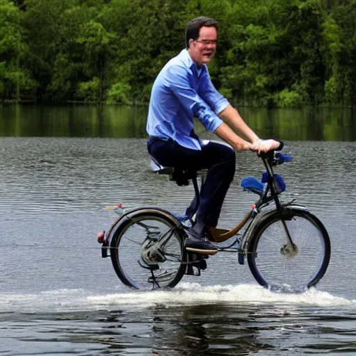 Prompt: mark rutte riding bicycle on water