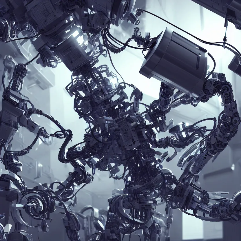 Image similar to aerial view of a robot doing a surgery on a black man with long curly hair, 3d render, dim volumetric lighting, 8k octane beautifully detailed render, post-processing, extremely hyperdetailed, intricate futuristic mechanic parts, epic composition, cinematic lighting, trending on artstation