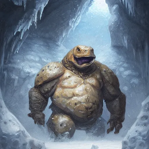 Image similar to bulky anthropomorphic turtle brute by greg rutkowski, winter, ice cave