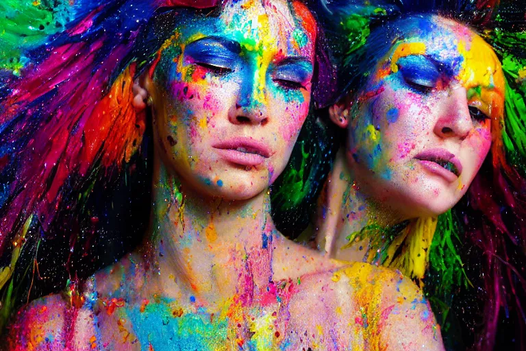 Image similar to a highly detailed cinematic headshot portrait photograph of a woman with a liquid paint headdress, with rainbow paint splash, melting smoothly into other faces, liquid, ultra realistic, beautiful rim lighting, by richard avedon and annie leibovitz and arnold newman, photorealistic, hyperrealistic, octane, high speed camera, zeiss lens, sharp focus, paint splash