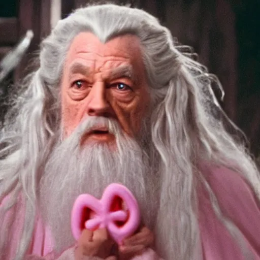 Image similar to gandalf wearing a light pink robe, wearing a large hello kitty hair clip, movie still from the lord of the rings