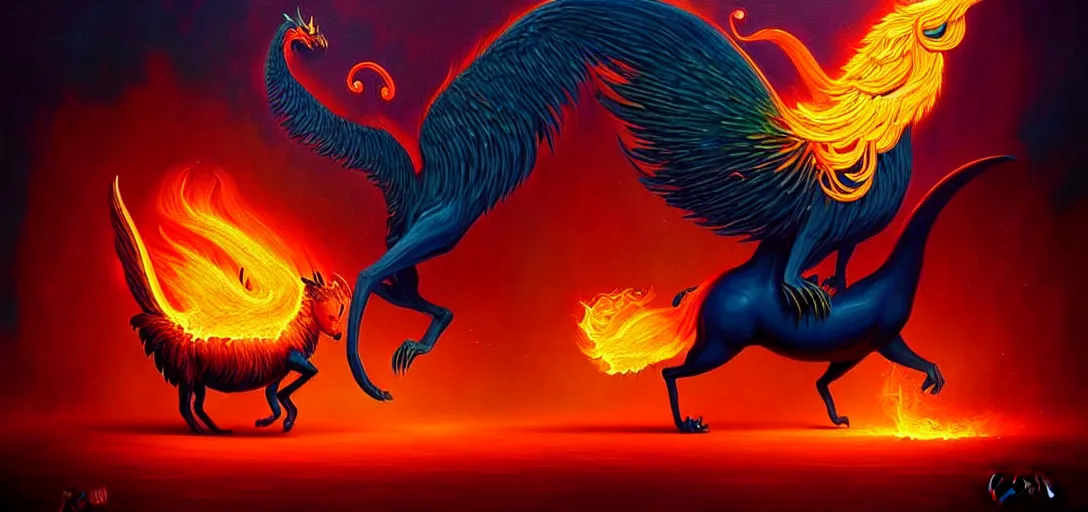 Prompt: strange fiery magical mythical beasts of whimsy, surreal dark uncanny painting by ronny khalil