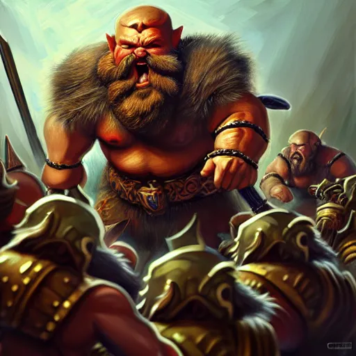 Image similar to painting of a dwarven berserker fighting a crew of crazy goblin warriors, sharp focus, high symmetry, award - winning, trending on artstation, masterpiece, highly detailed, intricate. art by christopher rush