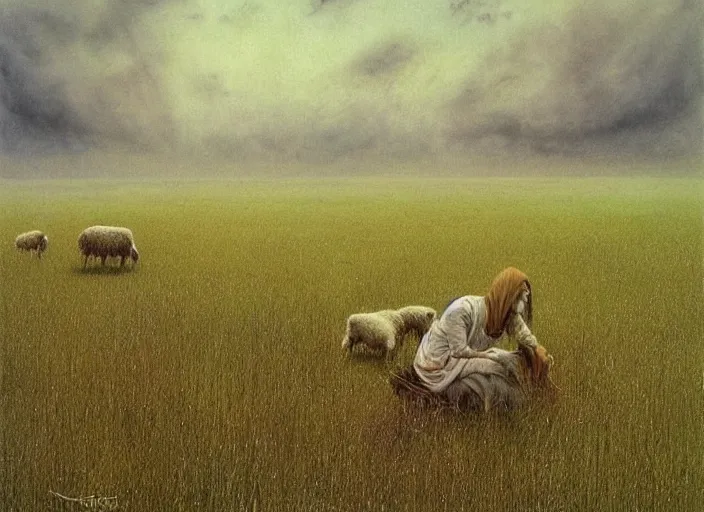 Image similar to shepherdess grazes sheep on a green meadow by Luis Royo and Beksinski