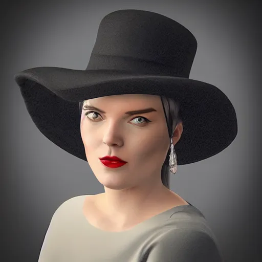 Image similar to portrait of a woman wearing a bowler hat, digital art, realistic lighting and shadows, subsurface scattering.