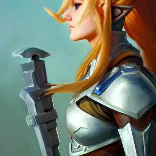 Image similar to greg manchess portrait painting of partially armored female link from legend of zelda as overwatch character, medium shot, asymmetrical, profile picture, organic painting, sunny day, matte painting, bold shapes, hard edges, street art, trending on artstation, by huang guangjian and gil elvgren and sachin teng