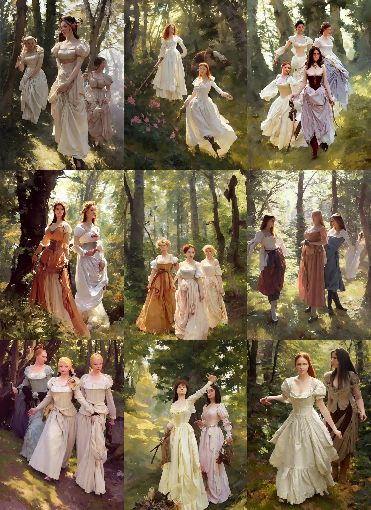 Prompt: three beautiful finnish ukrainian swedish attractive glamour models wearing as village maidens in 1 7 th century bodice with low neckline walking in the woods in a sunny day, jodhpurs greg manchess painting by sargent and leyendecker, studio ghibli fantasy medium shot asymmetrical intricate elegant matte painting illustration hearthstone, by greg rutkowski by greg tocchini by james gilleard