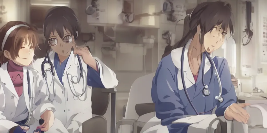 Image similar to a cute young female doctor wearing white coat, an old patient of 80 years in a wheelchair, hospital ward, slice of life anime, cinematic, realistic, anime scenery by Naoshi Arakawa:8 and Makoto shinkai