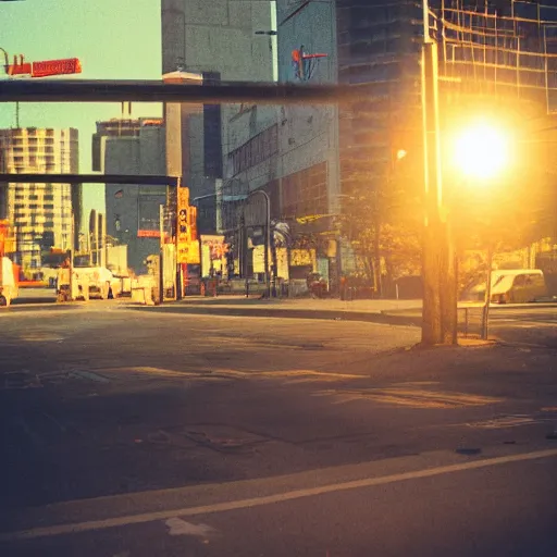 Prompt: 3 5 mm lens analog photography of a cyberpunk city, lens flare